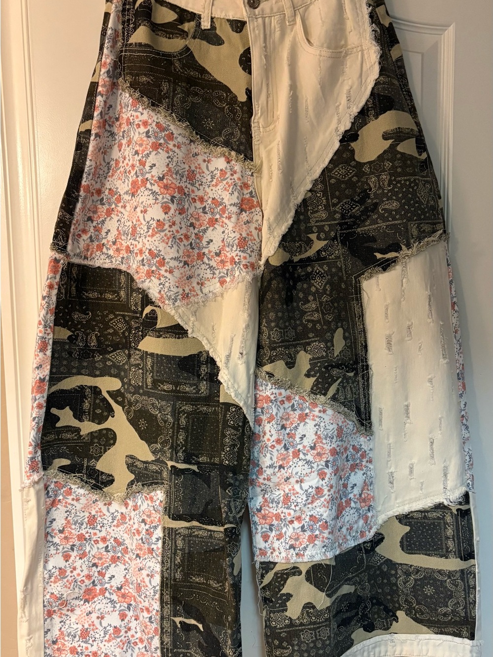 Wide-Leg Patchwork Pants in Olive & Cream - Picture 10 of 11